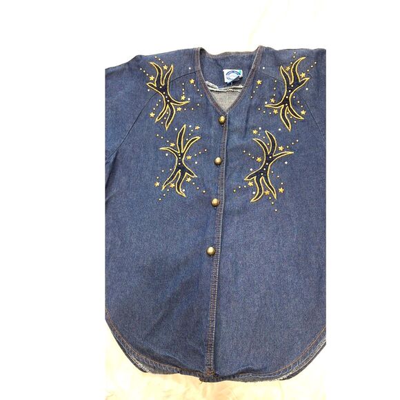 Bingo Bingo Vintage Embroidered Denim Button Up Top Shoulder Pads Womens Sz 10p - Picture 8 of 11